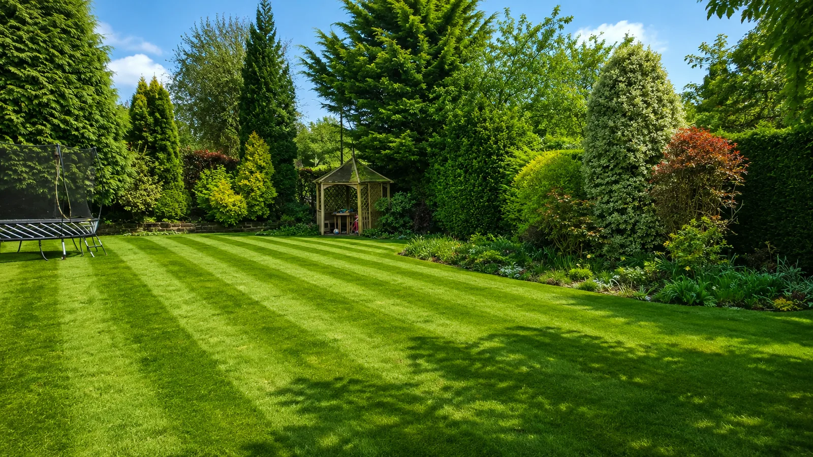 Garden with a green lawn, gazebo and trampoline.