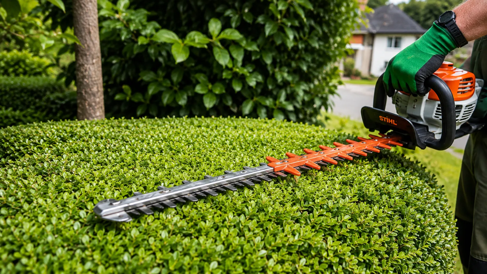 Close-up of a hedge trimmer cutting green foliage.