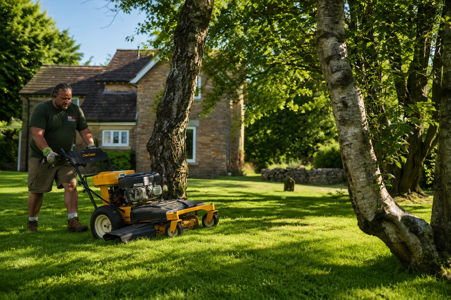 Gardener pushing a mower across a green lawn.