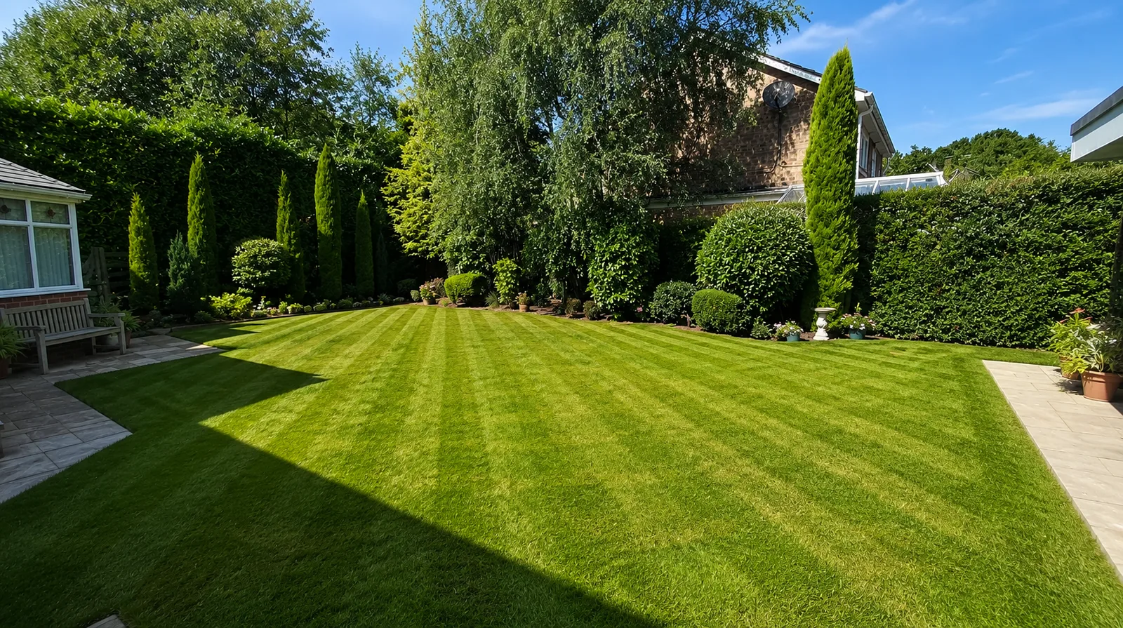 Wide green lawn with freshly mown stripes.